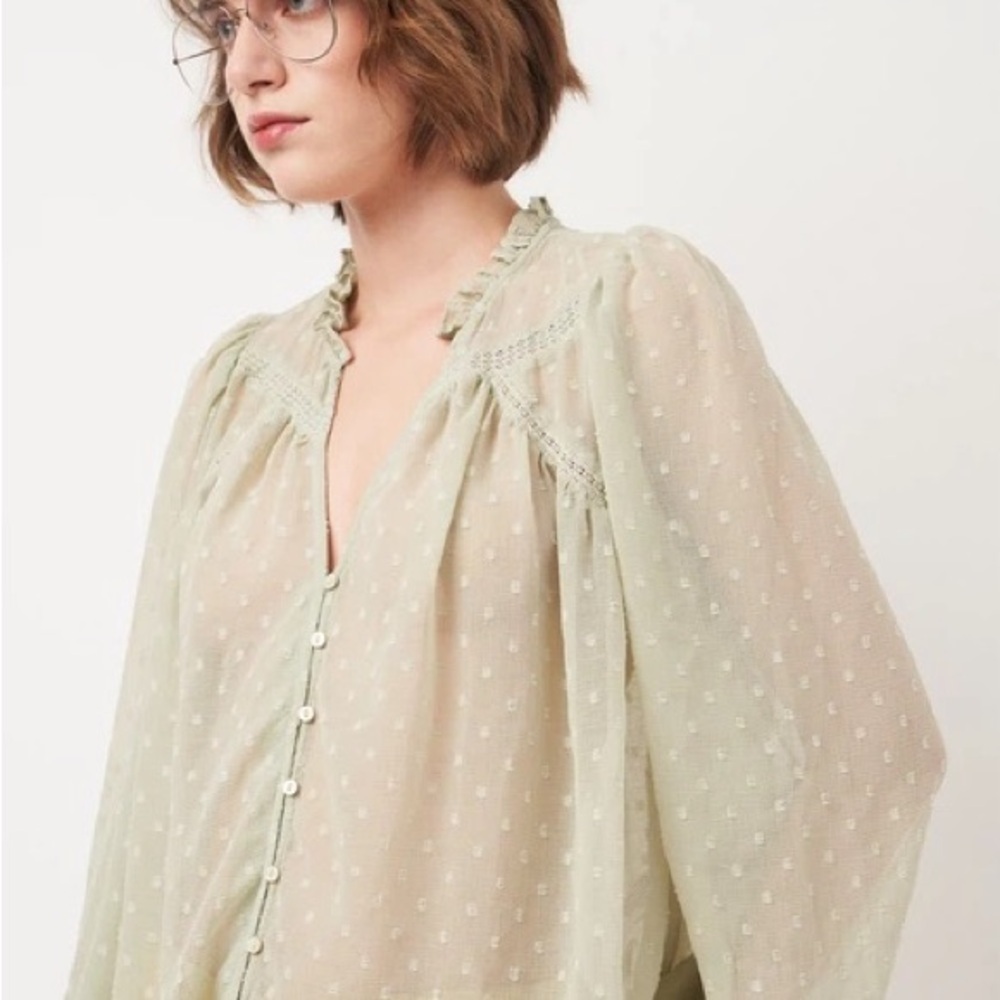 NEW Zara Green Sheer Ruffled Polka Dot Blouse Balloon Long Sleeve Size SMALL